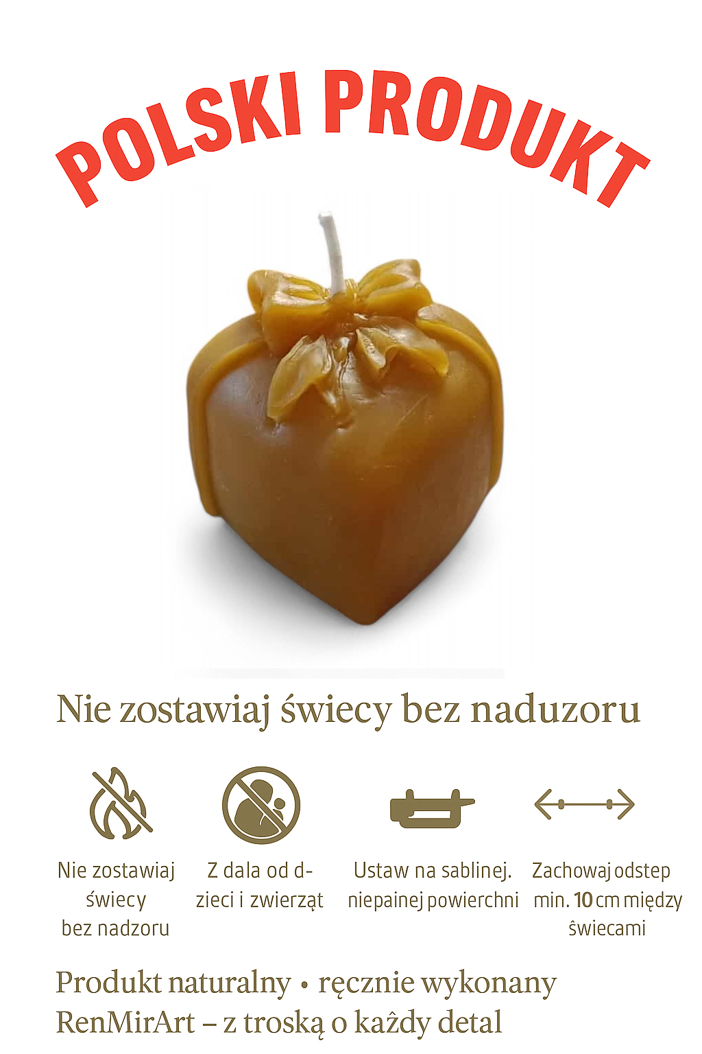 Świeca z wosku pszczelego SERCE – ręcznie robiona RenMirArt - obrazek 2