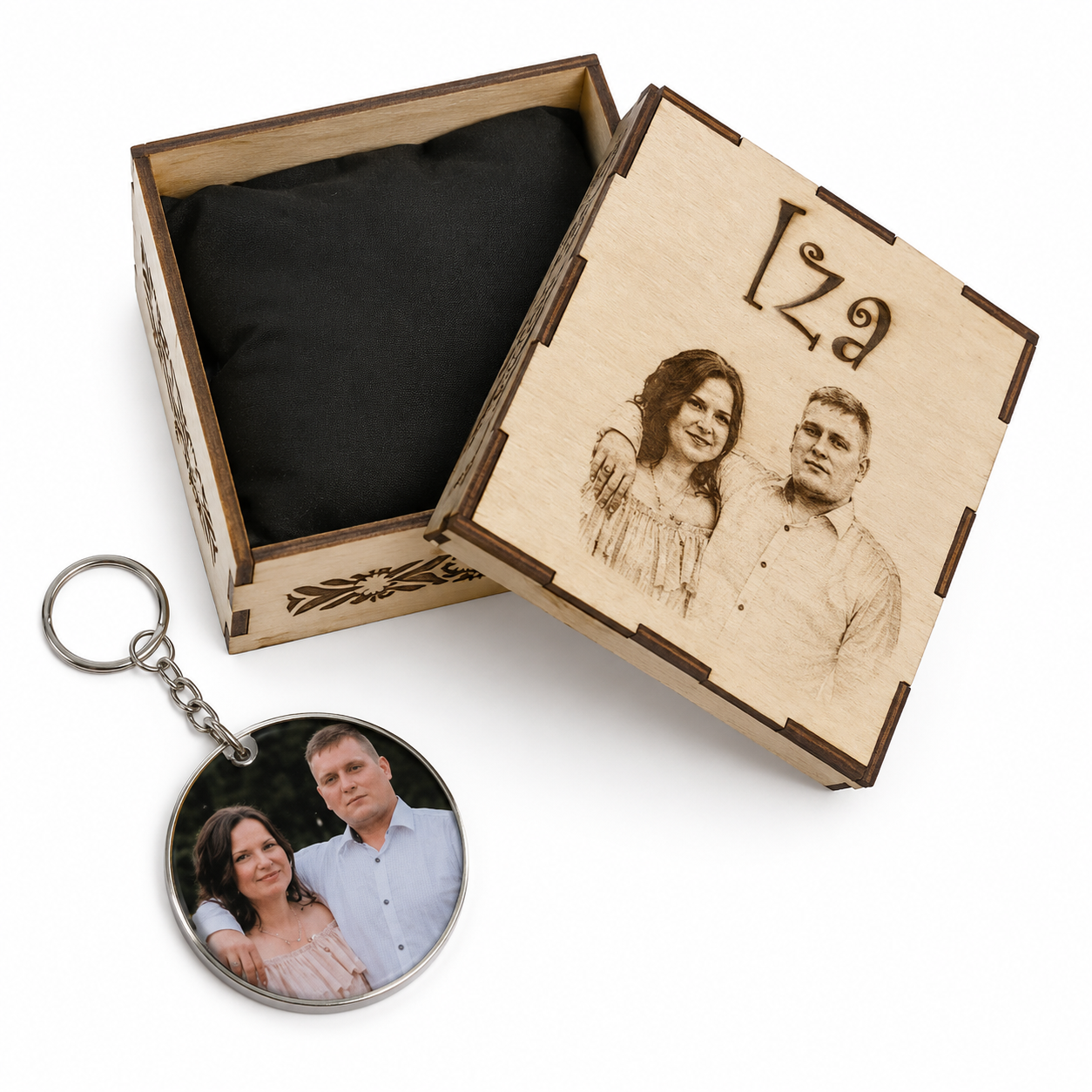 Personalizowany brelok ze zdjęciem + drewniane pudełko