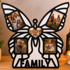 Drewniana Ramka Motyl ze Zdjęciami Personalizowana Pamiątka Rodzinna FAMILY