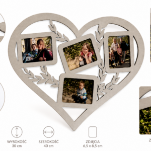 Drewniana ramka na zdjęcia serce personalizowana